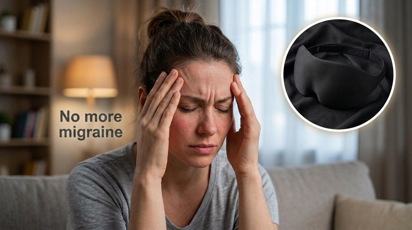 A woman sitting on a couch in a living room holds her head in pain, with text reading 'No more migraine' and a circular inset showing a black migraine prevention or relief device.