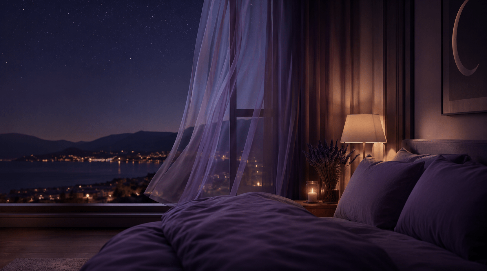 A cozy bedroom scene at night with a bed in the foreground, a lit bedside lamp, sheer curtains, and a scenic lake or coastal view outside under a starry sky.