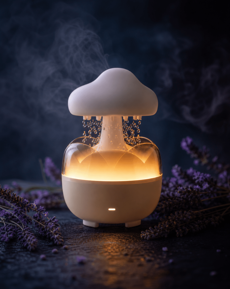 Hushona cloud aromatherapy diffuser with mist and lavender flowers in a moody night setting