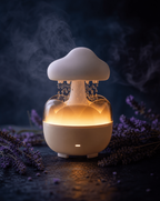Hushona cloud aromatherapy diffuser with mist and lavender flowers in a moody night setting